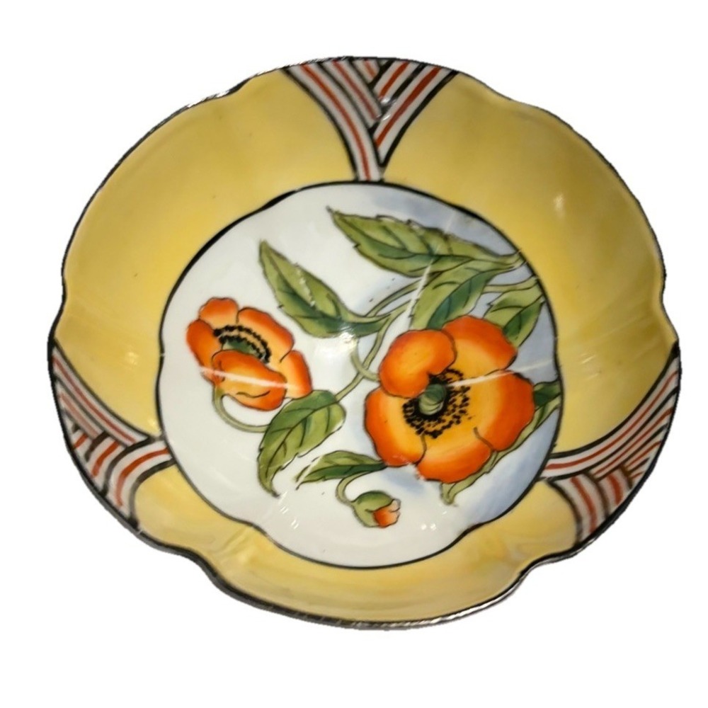 Vintage Noritake Hand Painted Footed‎ Nut Bowl Orange Poppy Floral Japan 5"